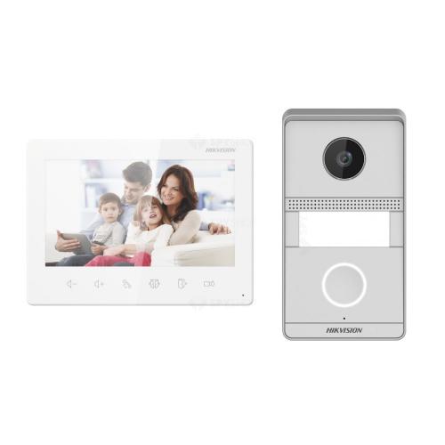 Kit videointerfon analog Hikvision DS-KIS101-P/Flush, conectare usoara pe 2 fire, plug & play, Kitul este format din: post exterior -1 buc ( 1 buton de apelare, camera color 2MP HD, rezolutie: 1024x600, audio: microfon si difuzor incorporat, IP65, IK7,ies