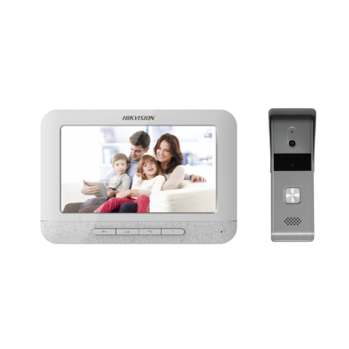 Set videointerfon color Hikvision DS-KIS203T; montaj pe 4 fire; setul este format din post exterior DS-KB2421T-IM si monitor interior DS- KH2220, include 5m de cablu pe 4 fire, Descriere post exterior: rezolutie 1920 × 1080, FOV Horizontal: 66.2°，Vertical