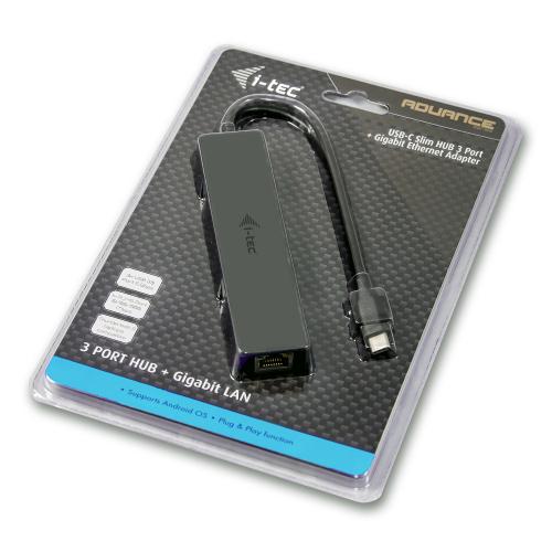 Hub USB i-tec Slim C31GL3SLIM, 3x USB 3.2 gen 1 + 1x RJ45, Black