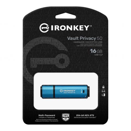 Stick Memorie Kingston IronKey Vault Privacy 50, 16GB, USB 3.0, Blue