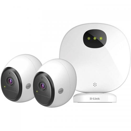 D-link Pro Wire-Free Camera Kit, DCS-2802KT; Indoor Security Camera Hub + 2 Wire-Free Wi-Fi Battery Cameras; Full HD 1080p sensor, 4x digital zoom; Night vision, PIR motion detection, 2-way audio; IP65 weatherproof camera body; Wireless Connectivity: 2.4 