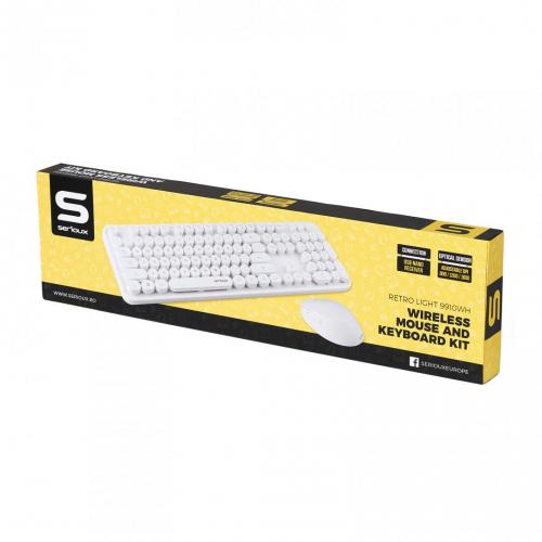 Kit Wireless Serioux Retro Light 9910WH - Tastatura, USB, White + Mouse Optic, USB, White