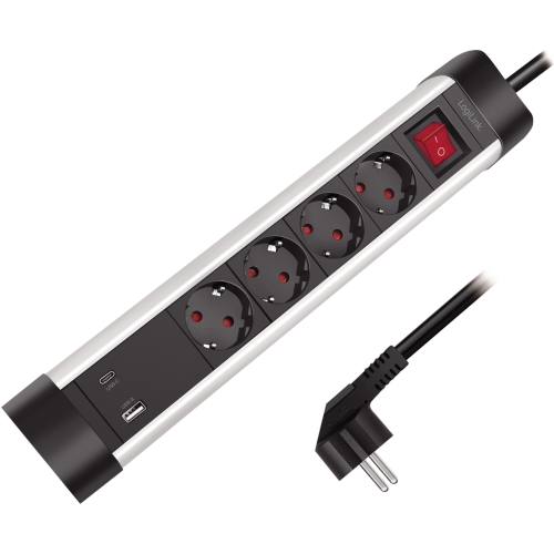 Prelungitor Logilink LPS278U, 4 x Schuko, 1 x USB-C, 1 x USB-A, 20 W, 1.5 m, Black-Silver