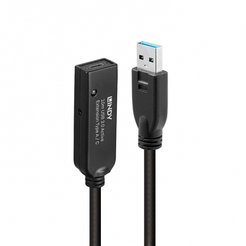 Cablu Lindy 43376, USB-A male - USB-C female, 10m, Black