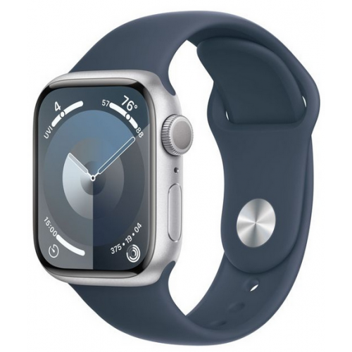 Smartwatch Apple Watch Series 9 Aluminium, 1.9inch, 4G, Curea Silicon S/M, Silver-Storm Blue