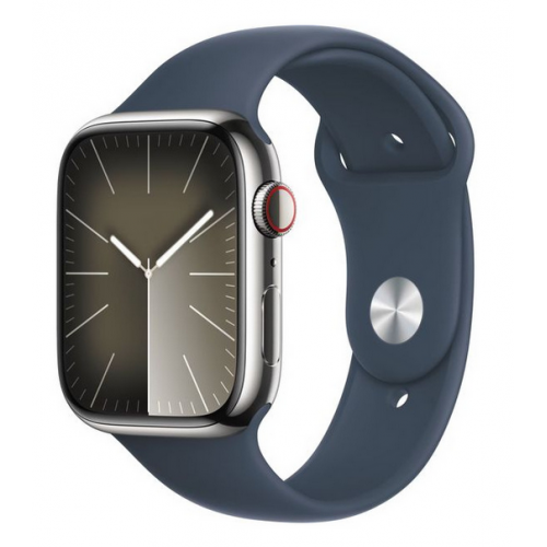 Smartwatch Apple Watch Series 9 Stainless Steel, 1.9inch, 4G, Curea Silicon S/M, Silver-Storm Blue