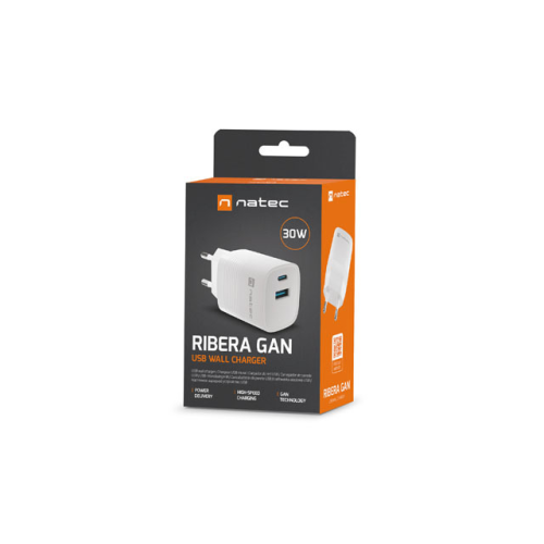 Incarcator de retea Natec by Genesis RIBERA GAN, 1 x USB-A, 1 x USB-C, 30 W, White