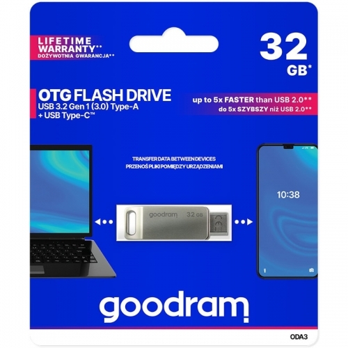Stick memorie Goodram ODA3 32GB, USB-A/USB-C, Silver