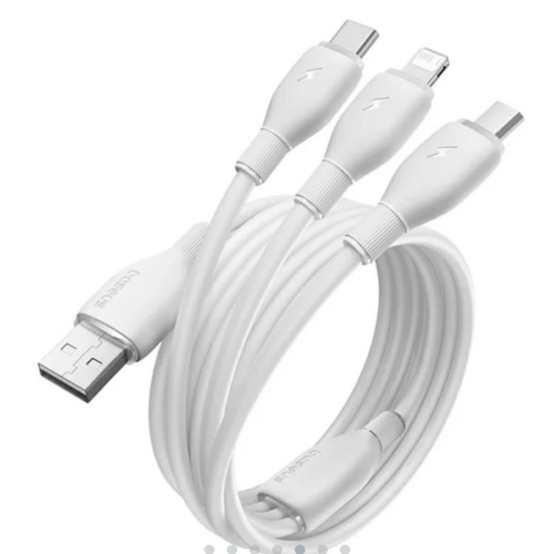 Cabluu de date Baseus Ultra-Fast One-for-three Retractable, USB-A male - USB-C + Lightning + micro USB, 1.3 m, White