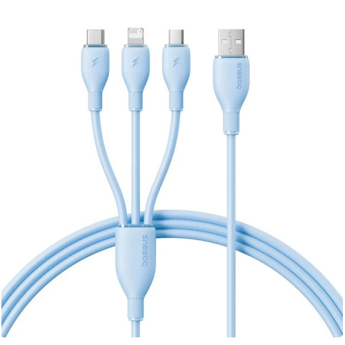 Cablu de date Baseus Ultra-Fast One-for-three Retractable, USB-A - USB-C + Lightning + micro USB, 1.3 m, Blue