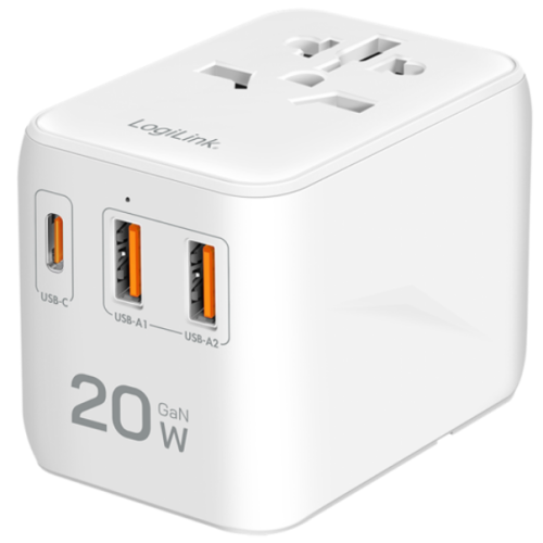 Incarcator retea Logilink PA0356 Universal Travel Adapter, 2 x USB-A, 1 x USB-C, 20 W, White