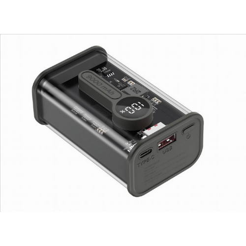 Baterie portabila Gembird Transparent, 1x USB-C, 1x USB, 9000mAh, Black