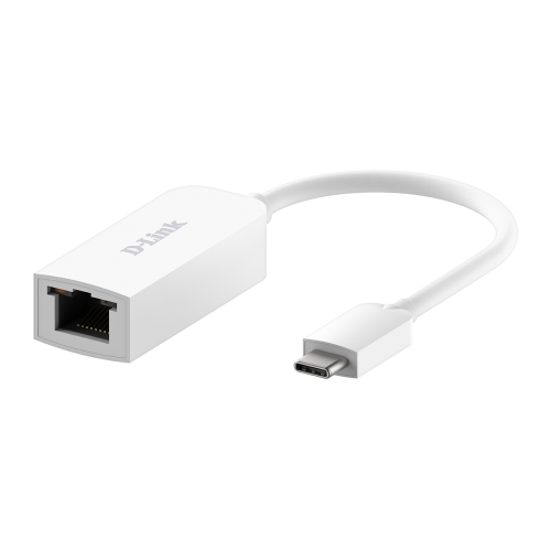 D-link USB-C to 2.5G Ethernet Adapter, DUB-E250; x1 RJ-45 2.5G Ethernet port & USB-C / Thunderbolt 3 Connector, x2 LED indicators for connection status.