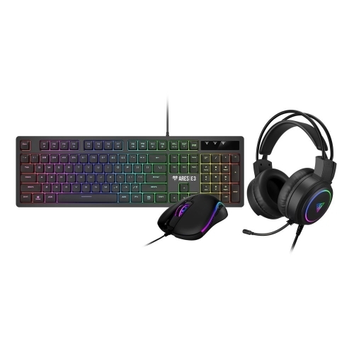 Kit Gamdias Poseidon E2 3-in-1 Combo - Tastatura Ares E3, Rainbow LED, USB, Black + Mouse Optic, Rainbow LED, USB, Black + Casti, Rainbow LED, USB/2 x jack 3.5mm, Black