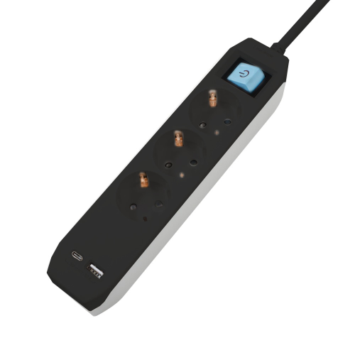 Prelungitor Spacer PP-3-18B-TC-USB, 3 x Schucko, 1 x USB-C, 1 x UBS-A, 3500 W, 16 A, Black