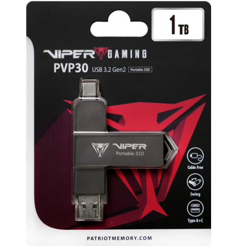 SSD portabil Patriot Viper PVP30, 1TB, USB-C/USB-A, Black