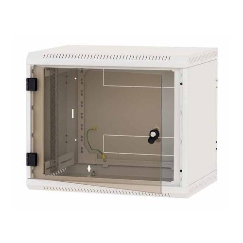 Rack de perete Triton sectiune simpla 12U 600mm adancime usa sticla panouri laterale fixe sectiuni ventilatie activa, sectiuni acces cabluri sus/jos/spate securizare cu cheie, 1 pereche montanti reglabili IP30 gri