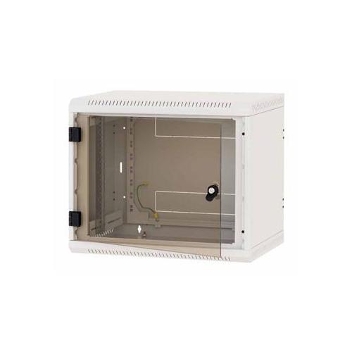 Rack de perete Triton sectiune simpla 12U 600mm adancime usa sticla panouri laterale fixe, sectiuni acces cabluri sus/jos/spate securizare cu cheie, 1 pereche montanti reglabili IP30 gri