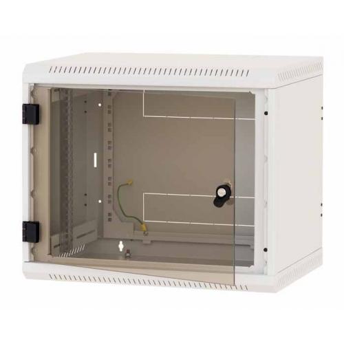 Rack de perete Triton sectiune simpla 15U 600mm adancime usa sticla panouri laterale fixe sectiuni ventilatie activa, sectiuni acces cabluri sus/jos/spate securizare cu cheie, 1 pereche montanti reglabili IP30 gri