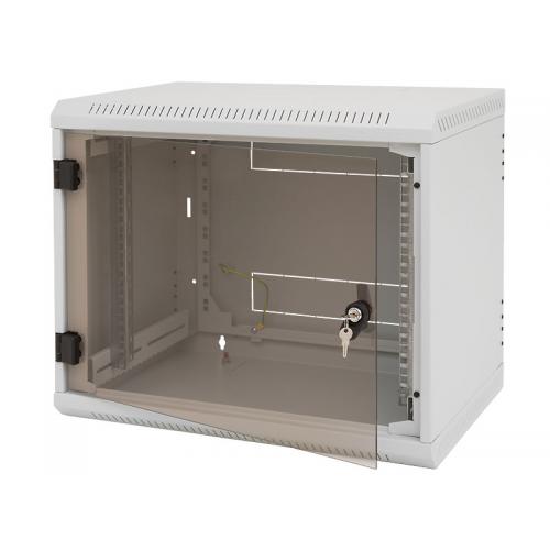 Rack de perete Triton seciune simpla 4U 600mm adancime usa sticla panouri laterale fixe sectiuni ventilatie activa, sectiuni acces cabluri sus/jos/spate securizare cu cheie, 1 pereche montanti reglabili IP30 gri