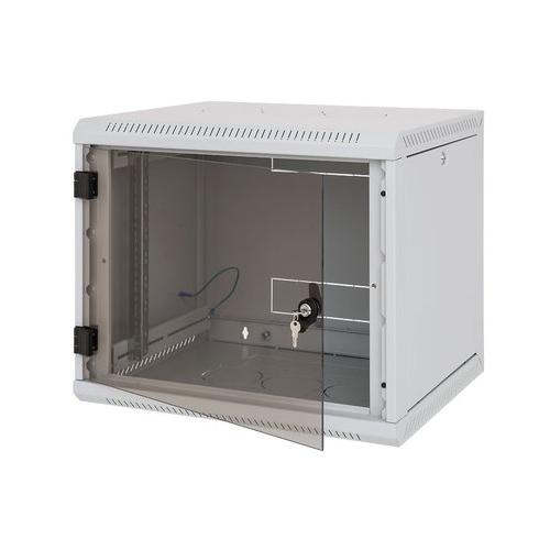 Rack de perete Triton sectiune simpla 9U 600mm adancime usa sticla panouri laterale detasabile sectiuni ventilatie activa, sectiuni acces cabluri sus/jos/spate securizare cu cheie, 1 pereche montanti reglabili IP30 gri