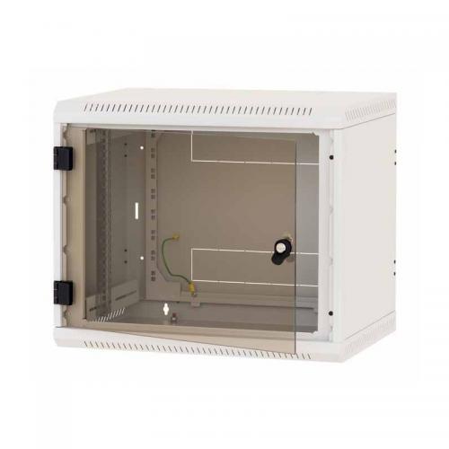 Rack de perete Triton sectiune simpla 6U 500mm adancime usa sticla panouri laterale fixe sectiuni ventilatie activa, sectiuni acces cabluri sus/jos/spate securizare cu cheie, 1 pereche montanti reglabili IP30 gri