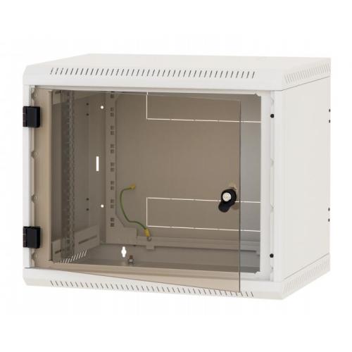 Rack de perete Triton seciune simpla 18 600mm adancime usa sticla panouri laterale fixe sectiuni ventilatie activa, sectiuni acces cabluri sus/jos/spate securizare cu cheie, 1 pereche montanti reglabili IP30 gri