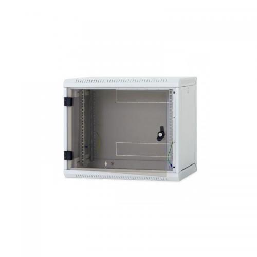 Rack de perete Triton sectiune simpla 9U 500mm adancime usa sticla panouri laterale detasabile sectiuni ventilatie activa, sectiuni acces cabluri sus/jos/spate securizare cu cheie, 1 pereche montanti reglabili IP30 negru