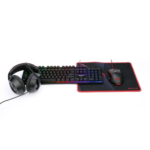 Kit Redragon S137 Gaming Essentials 4 in 1 - Tastatura, RGB LED, USB, Black + Mouse Optic, USB, Black + Casti, 3.5mm jack, Black + Mouse Pad, Black-Red