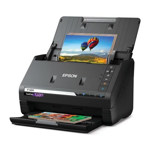 Scanner Epson FASTFOTO FF-680W, dimensiune A4, tip sheetfed, viteza scanare: 46ppm alb-negru si color, rezolutie optica 6400x9600dpi, senzor CIS, Duplex, software : Epson ScanSmart,  Formate iesire: JPEG, TIFF, PDF, searchable PDF, PDF/A, interfata: USB 3