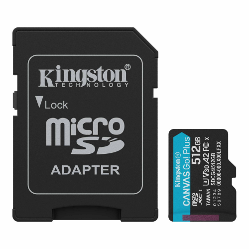 Memory Card microSDXC Kingston Canvas Go Plus SDCG4 512GB, Class 10, UHS-I U3, V30, A2 + Adaptor SD