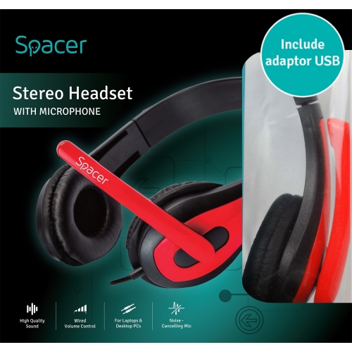 Casti cu microfon Spacer SPHS-SILVER-USB, 2x 3.5mm jack/USB-A, Black-Red
