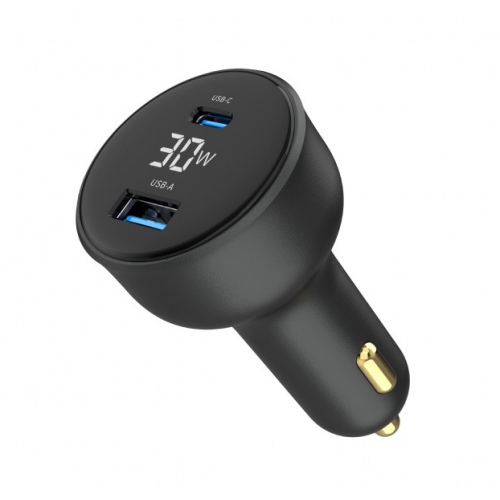 Incarcator auto Gembird TA-UC-AC2PD30LCD-CAR-01, 1x USB-C, 1x USB-A, White