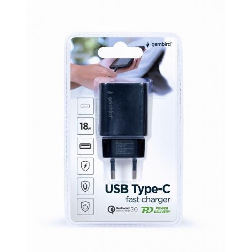 Incarcator retea Gembird TA-UQC3-03, 1x USB-C, 18W, Black