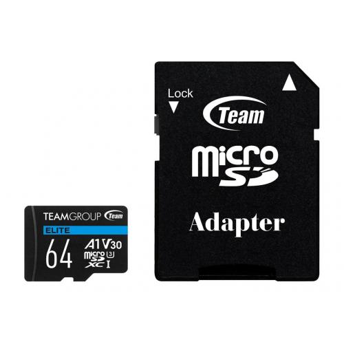 Memory Card microSDXC TeamGroup Elite 64GB, Class 10, UHS-I U3, V30, A1 + Adaptor SD
