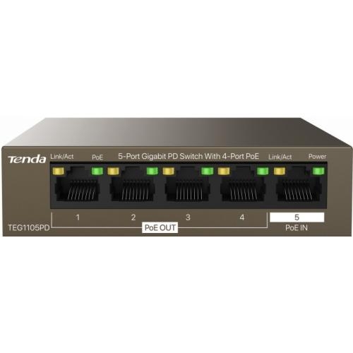 Tenda 5-Port Gigabit PD switch, 4 port POE TEG1105PD, Network standard: IEEE 802.3, IEEE 802.3u, IEEE 802.3x, IEEE 802.3ab, IEEE 802.3af, IEEE 802.3at, Interface: 4*10/100/1000 Base-T Ethernet Ports(Data/PoE OUT), 1 *10/100/1000 Base-T Ethernet Port(Data/