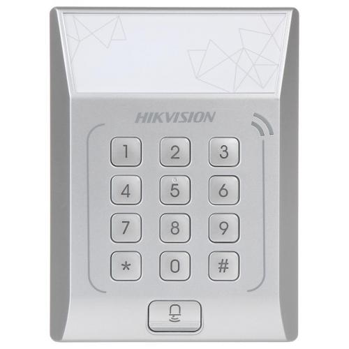 Cititor standalone cu tastatura si card de proximitate Hikvision, DS- K1T801M; suporta cartele MIFARE, Capacitate 3000 cartele, Autentificare: card sau card si parola; Intrari: buton de iesire x1, contact de usa x1; Iesiri: sonerie x1, incuietoare electri