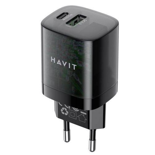 Incarcator retea Havit UC303, 1 x USB, 1 x USB-C, 3 A, 30 W, Black