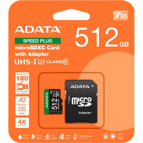Memory Card MicroSDXC A-Data Speed Plus, 512GB, Clasa 10, UHS-I U3, V30, A2 + Adaptor SD