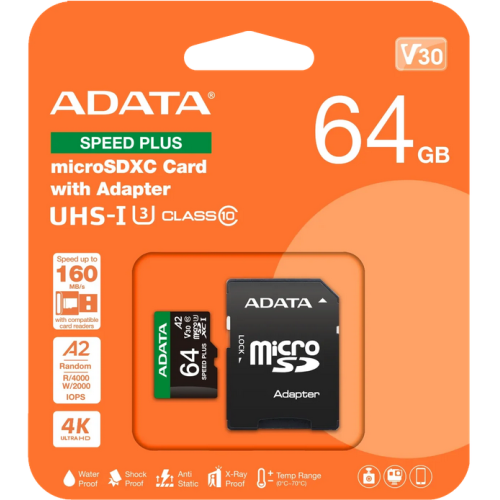 Memory Card MicroSDXC A-Data Speed Plus, 64GB, Clasa 10, UHS-I U3, V30, A2 + Adaptor SD