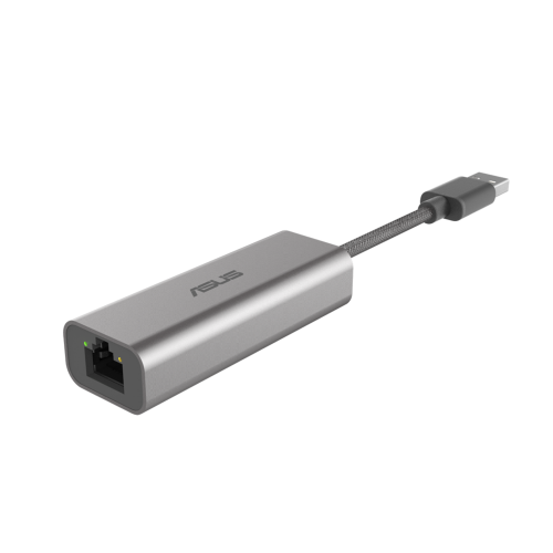 ASUS USB-C2500 Ethernet Adapter, Input USB 3.2 Gen1 Type-A, Output 100/1000/2500 Mbps RJ45 Port.