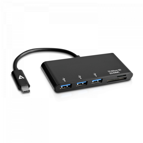 Hub USB V7 V7UC3U-HUB-BLK-1E, USB-C - 3x USB 3.2 gen 1, Micro SD/SD/MMC, Black